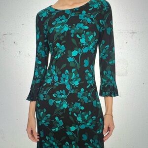Floral Black and Green ruffled cuff 3/4 sleeve Dress